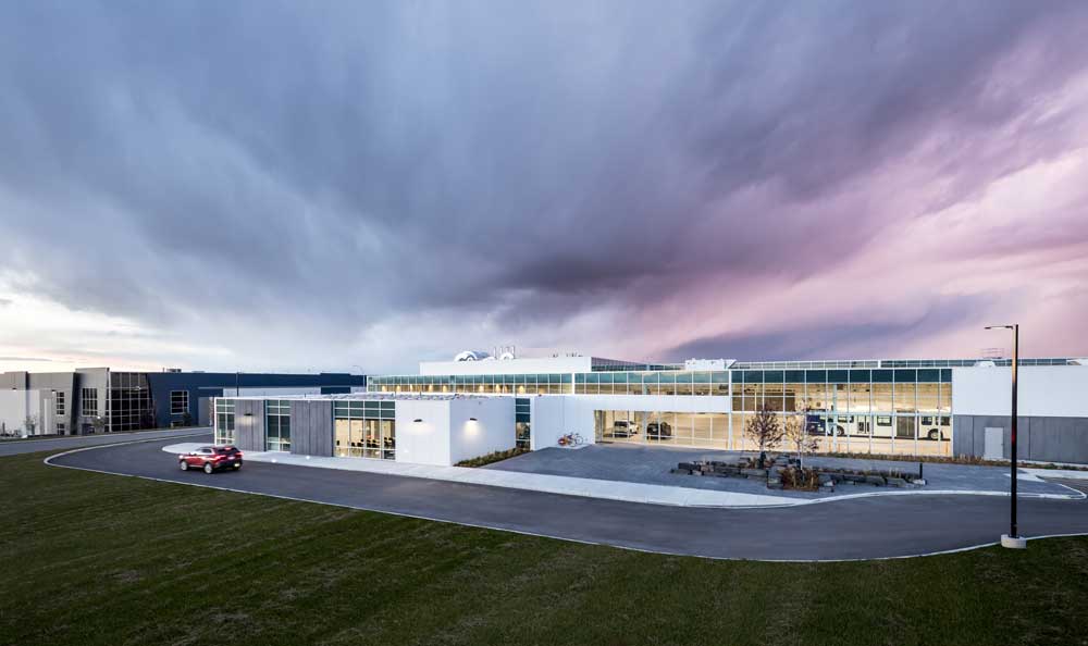 exterior of building with purple sunset